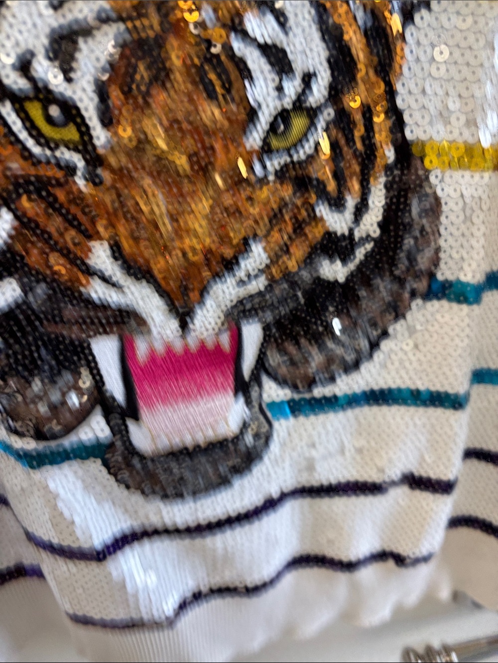 Queen of Sparkles Sequin Tiger Stripe Sweater in White with Rainbow Stripes - Picture 4 of 12